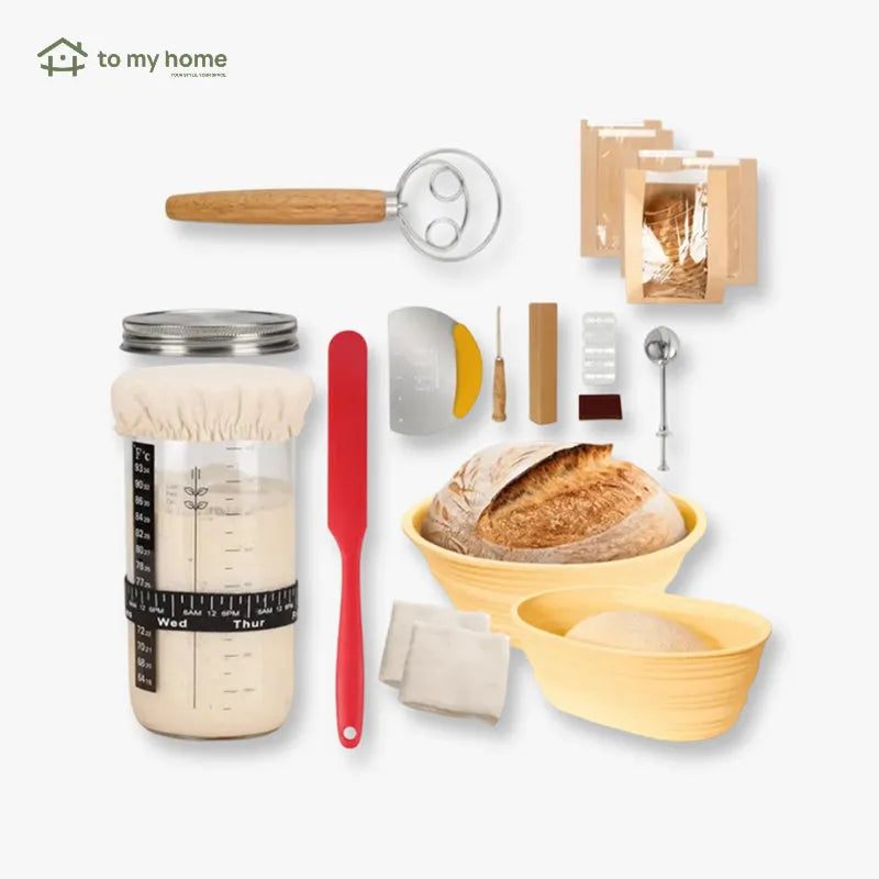 Kit premium para elaboración de pan sourdough, incluye cestos de silicón, pote, espátula, batidor y bolsas, esencial para panadería casera y horneado profesional seguro