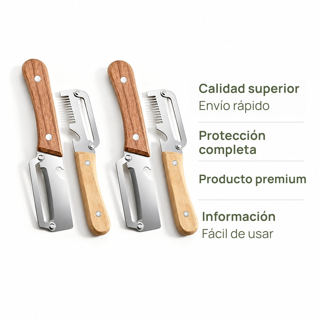 Pelador de Verduras Multifuncional Acero Inoxidable Mango de Madera y Abrebotellas Integrado Ideal para Frutas o Vegetales en Cocina de Casa (Paquete 2 Piezas)