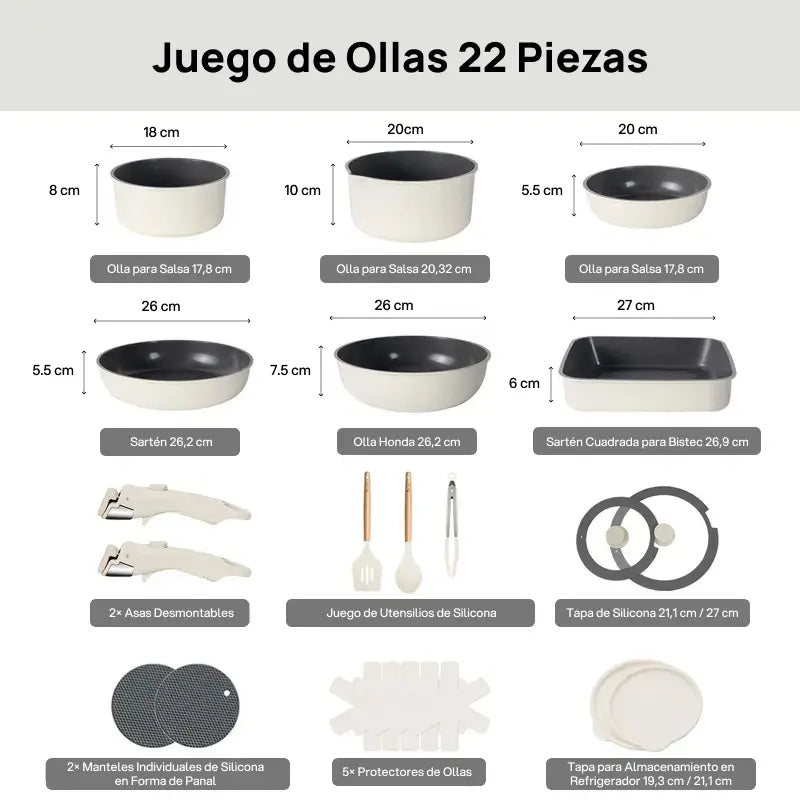 Juego completo de 22 piezas de ollas de cerámica antiadherente, compatibles con inducción, con asas desmontables, cocina saludable y fácil limpieza garantizada