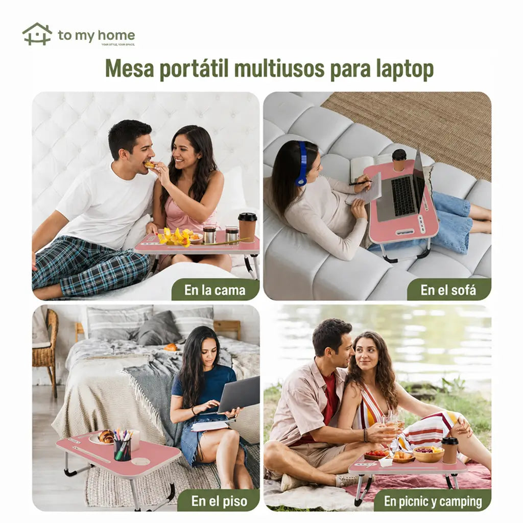 Mesa plegable para laptop con 4 puertos USB, cajón y portavasos para trabajar, leer o estudiar cómodo en cama o sofá
