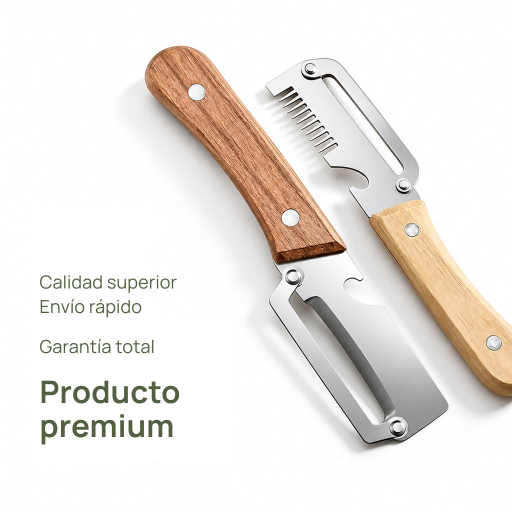 Pelador de Verduras Multifuncional Acero Inoxidable Mango de Madera y Abrebotellas Integrado Ideal para Frutas o Vegetales en Cocina de Casa (Paquete 2 Piezas)