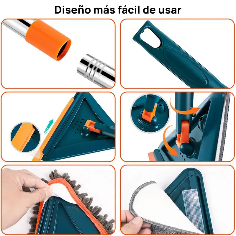Mop ajustable 360° para limpieza de pisos y paredes, incluye 6 almohadillas de microfibra y rodillo de silicón, esfuerzo mínimo garantizado