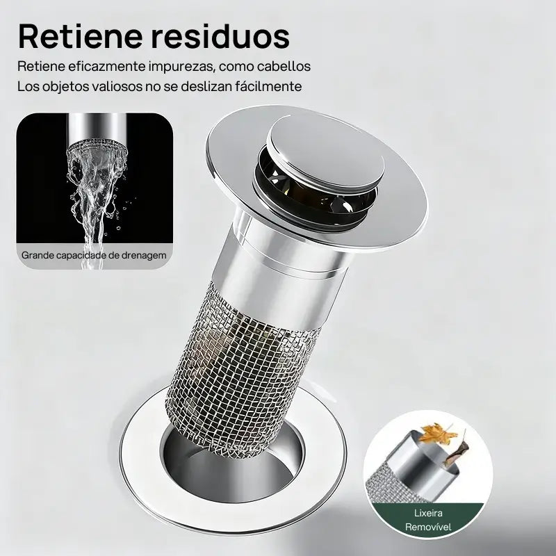 Protector de lavabo para cabello con filtro universal tipo pop-up, cesta de acero inoxidable y colador, previene obstrucciones y mantiene limpieza