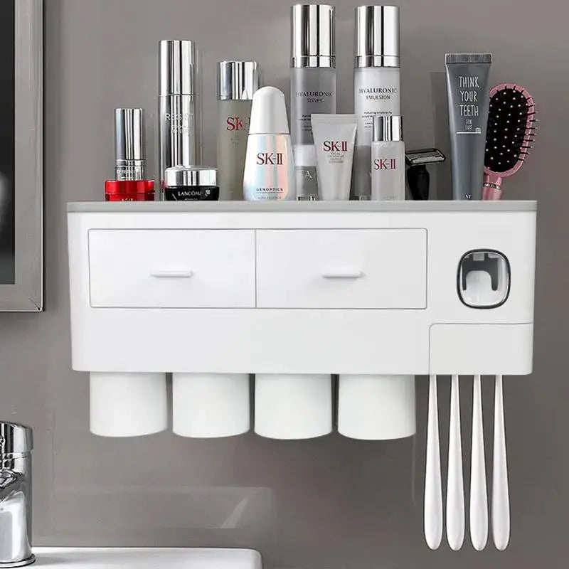 Soporte organizador de pared para 2 a 4 cepillos de dientes, incluye dispensador de pasta dental y cajón para cosméticos, higiene organizada y práctica