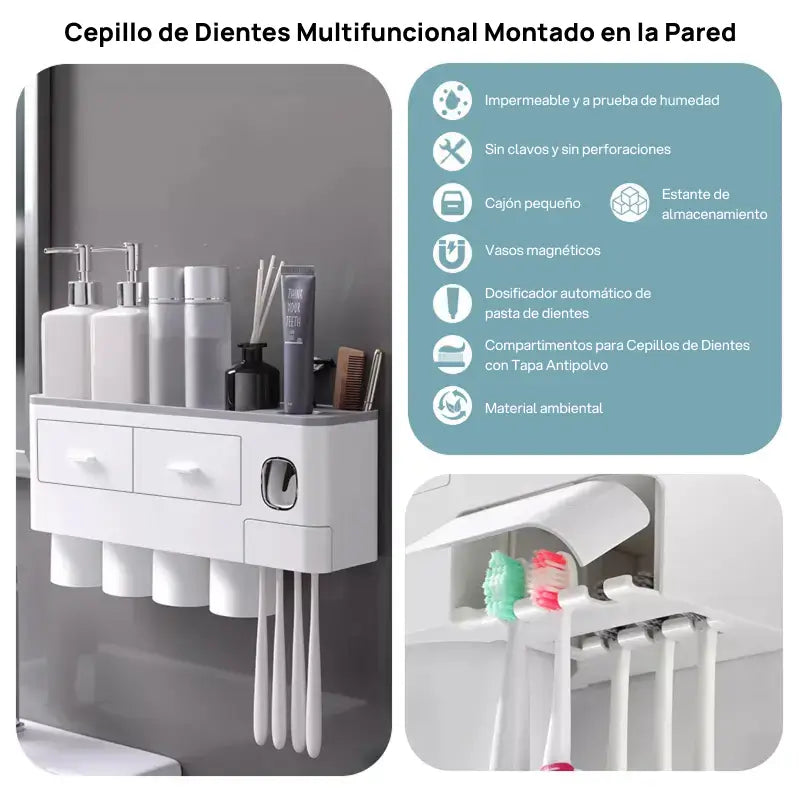Soporte organizador de pared para 2 a 4 cepillos de dientes, incluye dispensador de pasta dental y cajón para cosméticos, higiene organizada y práctica