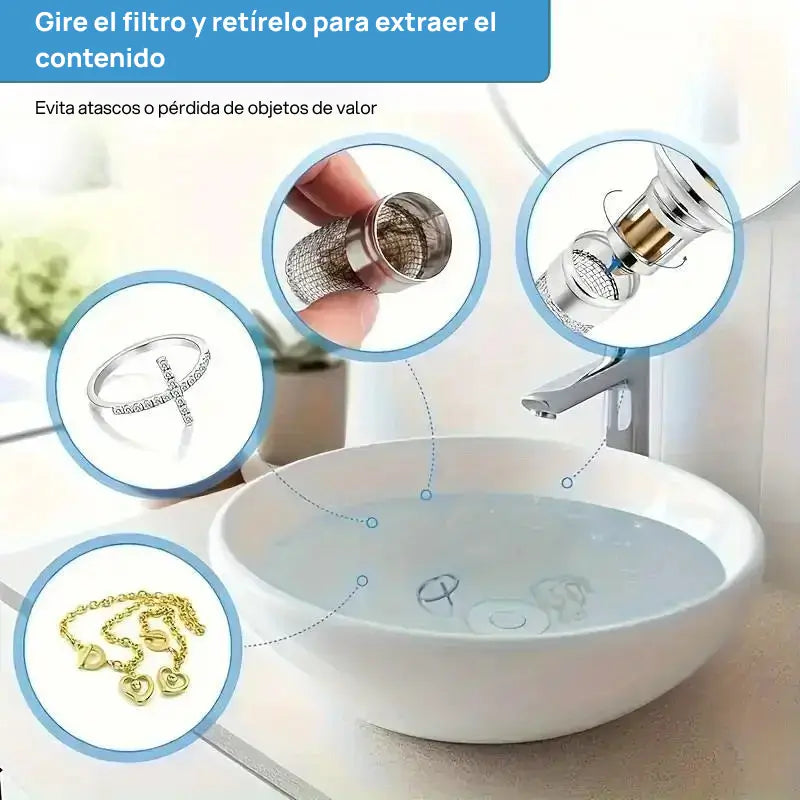 Protector de lavabo para cabello con filtro universal tipo pop-up, cesta de acero inoxidable y colador, previene obstrucciones y mantiene limpieza
