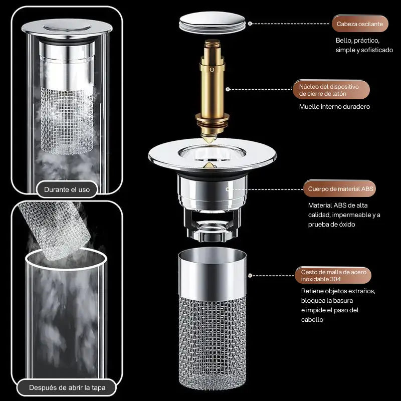 Protector de lavabo para cabello con filtro universal tipo pop-up, cesta de acero inoxidable y colador, previene obstrucciones y mantiene limpieza