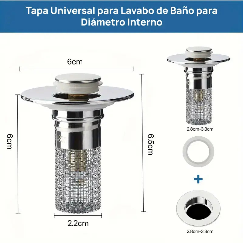 Protector de lavabo para cabello con filtro universal tipo pop-up, cesta de acero inoxidable y colador, previene obstrucciones y mantiene limpieza