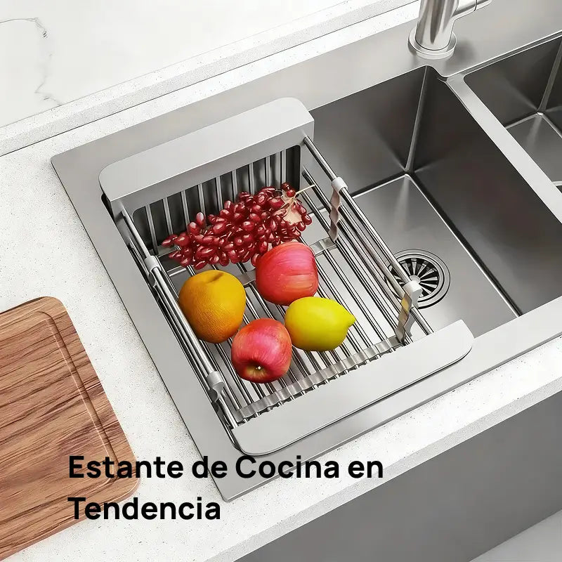 Escurridor de platos suspendido ajustable en acero inoxidable, con cesta filtrante multifuncional para fregadero, drenaje optimizado y organización de cocina