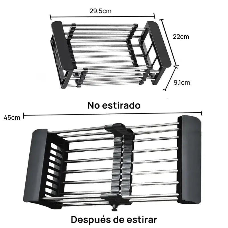 Escurridor de platos suspendido ajustable en acero inoxidable, con cesta filtrante multifuncional para fregadero, drenaje optimizado y organización de cocina