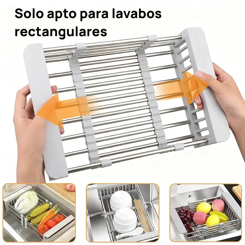 Escurridor de platos suspendido ajustable en acero inoxidable, con cesta filtrante multifuncional para fregadero, drenaje optimizado y organización de cocina