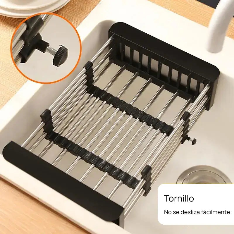Escurridor de platos suspendido ajustable en acero inoxidable, con cesta filtrante multifuncional para fregadero, drenaje optimizado y organización de cocina