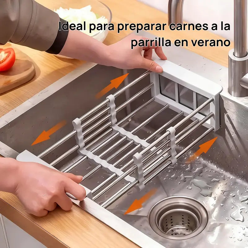 Escurridor de platos suspendido ajustable en acero inoxidable, con cesta filtrante multifuncional para fregadero, drenaje optimizado y organización de cocina