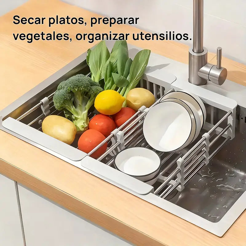 Escurridor de platos suspendido ajustable en acero inoxidable, con cesta filtrante multifuncional para fregadero, drenaje optimizado y organización de cocina