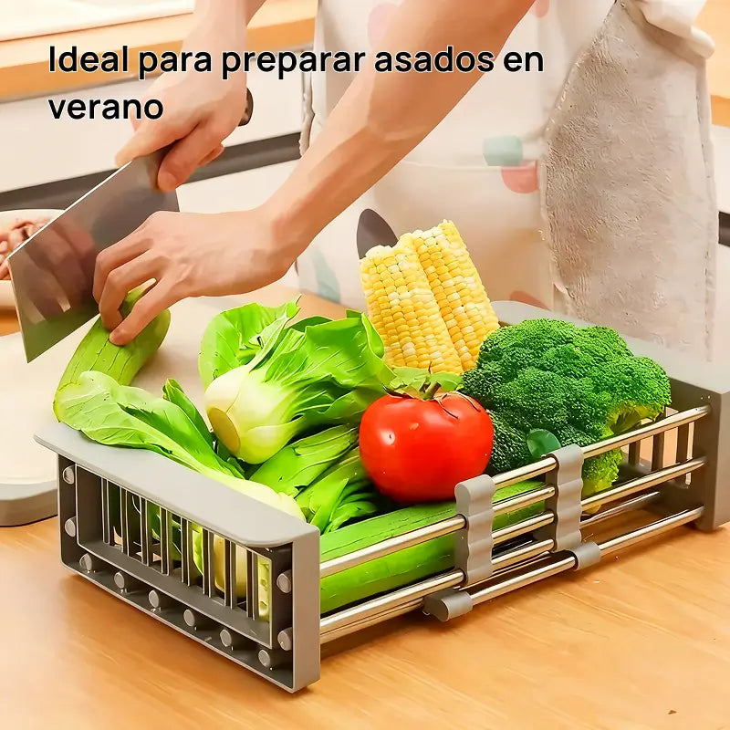 Escurridor de platos suspendido ajustable en acero inoxidable, con cesta filtrante multifuncional para fregadero, drenaje optimizado y organización de cocina