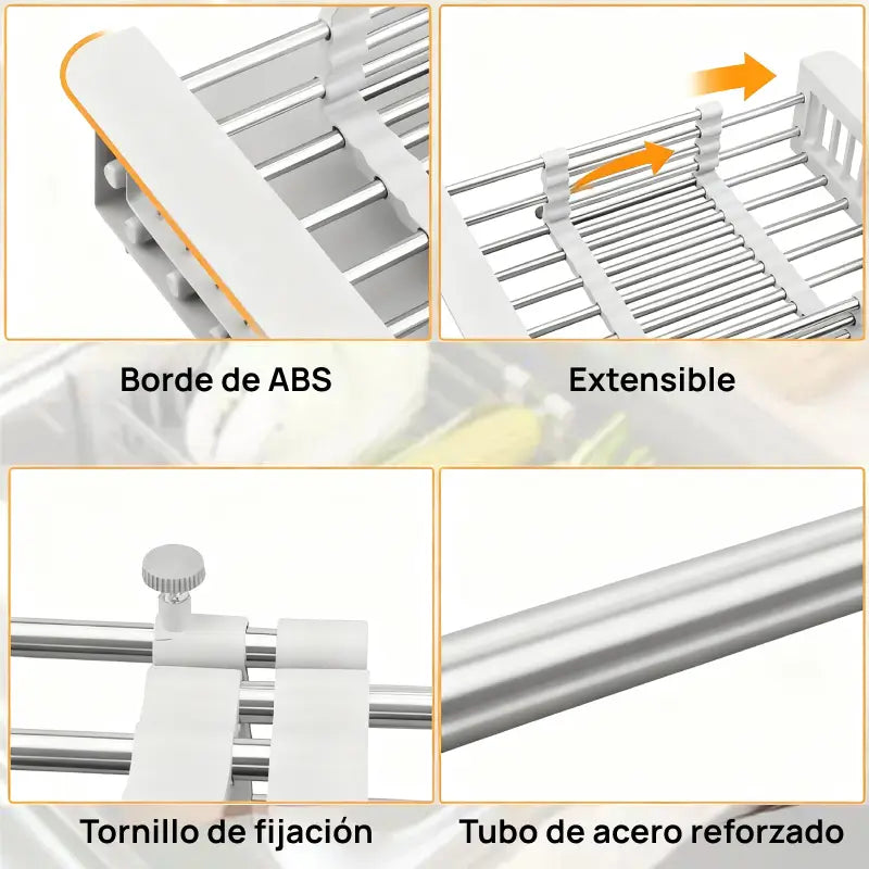 Escurridor de platos suspendido ajustable en acero inoxidable, con cesta filtrante multifuncional para fregadero, drenaje optimizado y organización de cocina