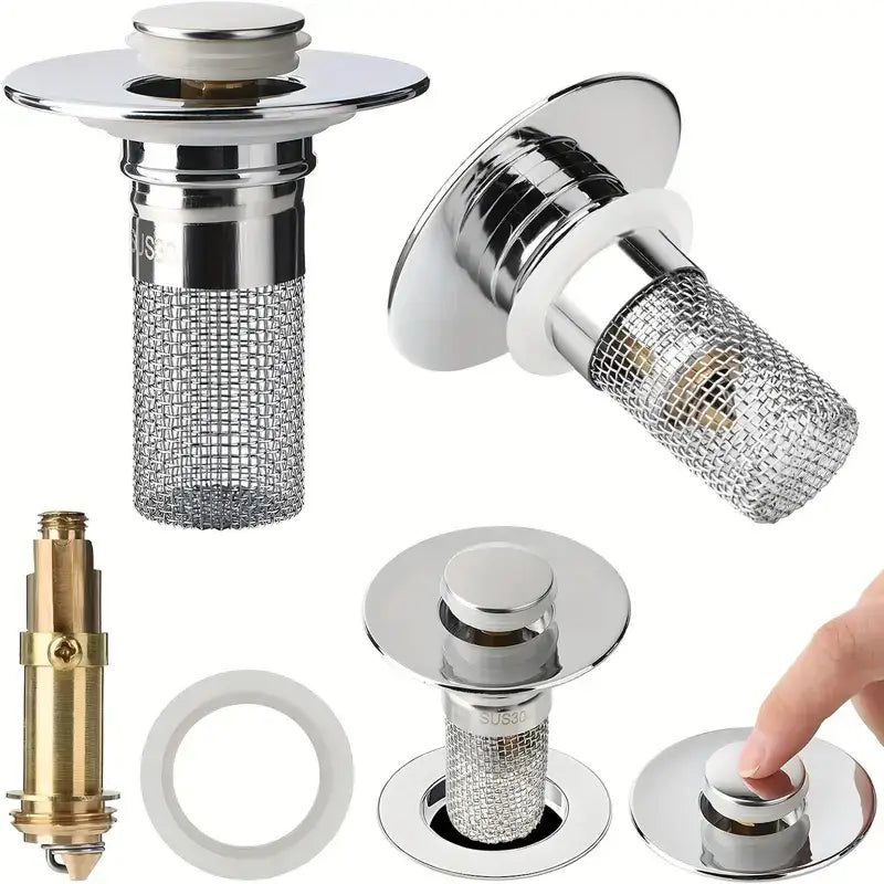 Protector de lavabo para cabello con filtro universal tipo pop-up, cesta de acero inoxidable y colador, previene obstrucciones y mantiene limpieza
