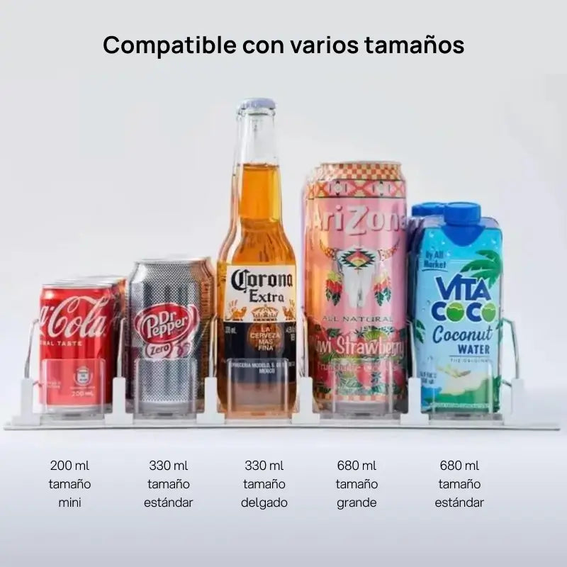 Organizador y dispensador automático de latas para refrigerador, soporta 355 ml, 473 ml y 591 ml, 3 o 5 filas, organiza bebidas y mantiene orden perfectamente