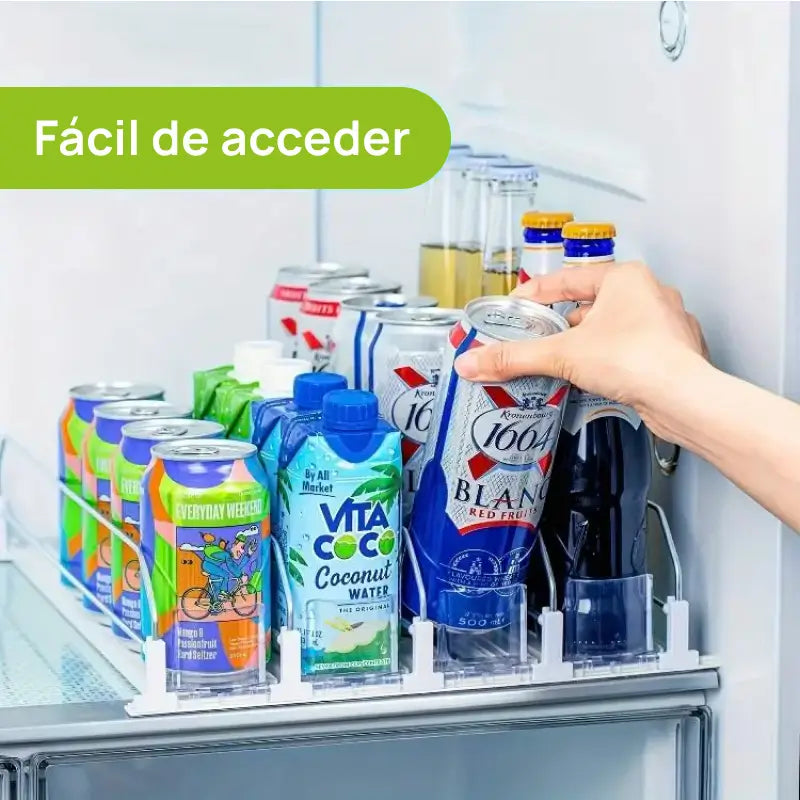 Organizador y dispensador automático de latas para refrigerador, soporta 355 ml, 473 ml y 591 ml, 3 o 5 filas, organiza bebidas y mantiene orden perfectamente