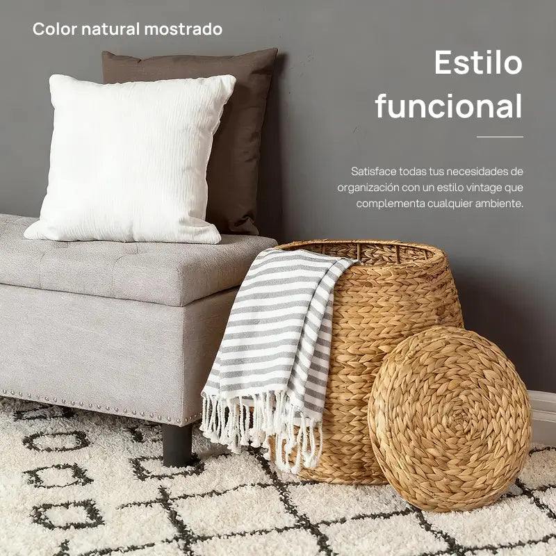 Canasta organizadora vintage de jacinto de agua con tapa, multifuncional, perfecta para almacenamiento en cualquier habitación, combina organización con estilo rústico