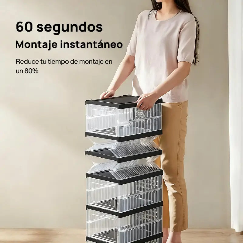 Cajas organizadoras plegables y apilables para zapatos, fabricadas en plástico PP transparente, soportan hasta talla 13 EUA, visibilidad total y almacenamiento eficiente