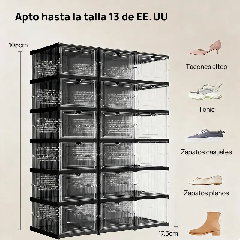 Cajas organizadoras plegables y apilables para zapatos, fabricadas en plástico PP transparente, soportan hasta talla 13 EUA, visibilidad total y almacenamiento eficiente