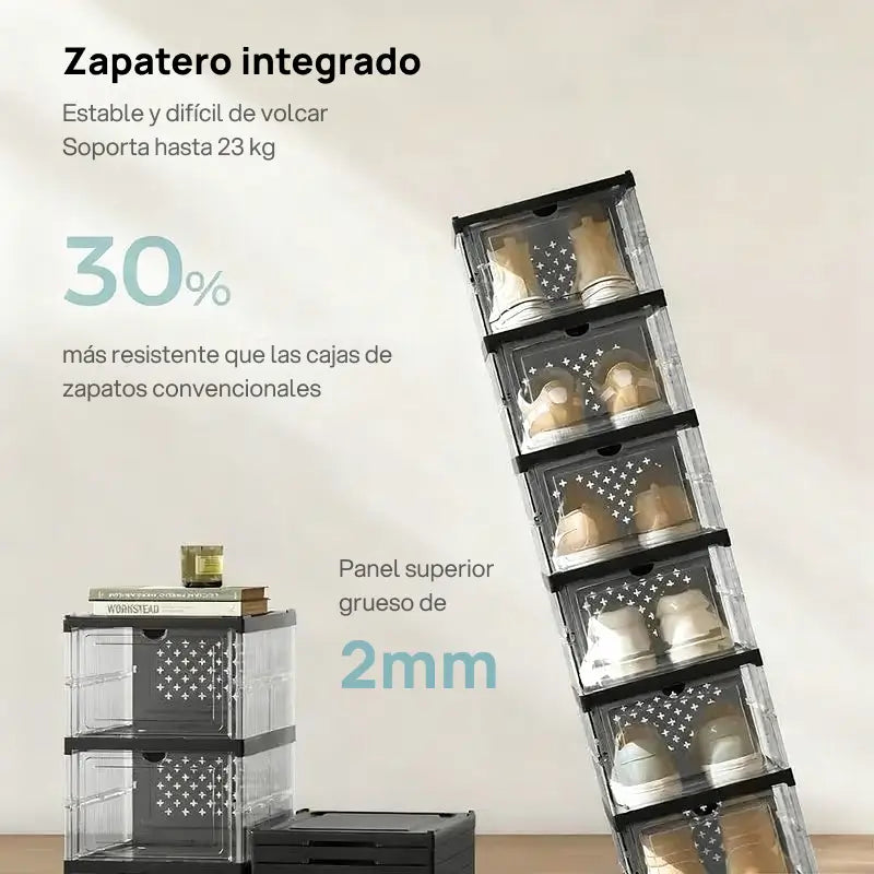 Cajas organizadoras plegables y apilables para zapatos, fabricadas en plástico PP transparente, soportan hasta talla 13 EUA, visibilidad total y almacenamiento eficiente