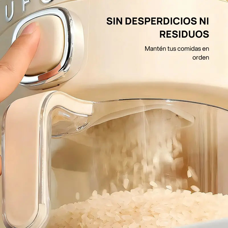 Dispensador de arroz hermético UFORU, protección total contra insectos y humedad, incluye vaso medidor, conserva granos y cereales de forma efectiva y segura