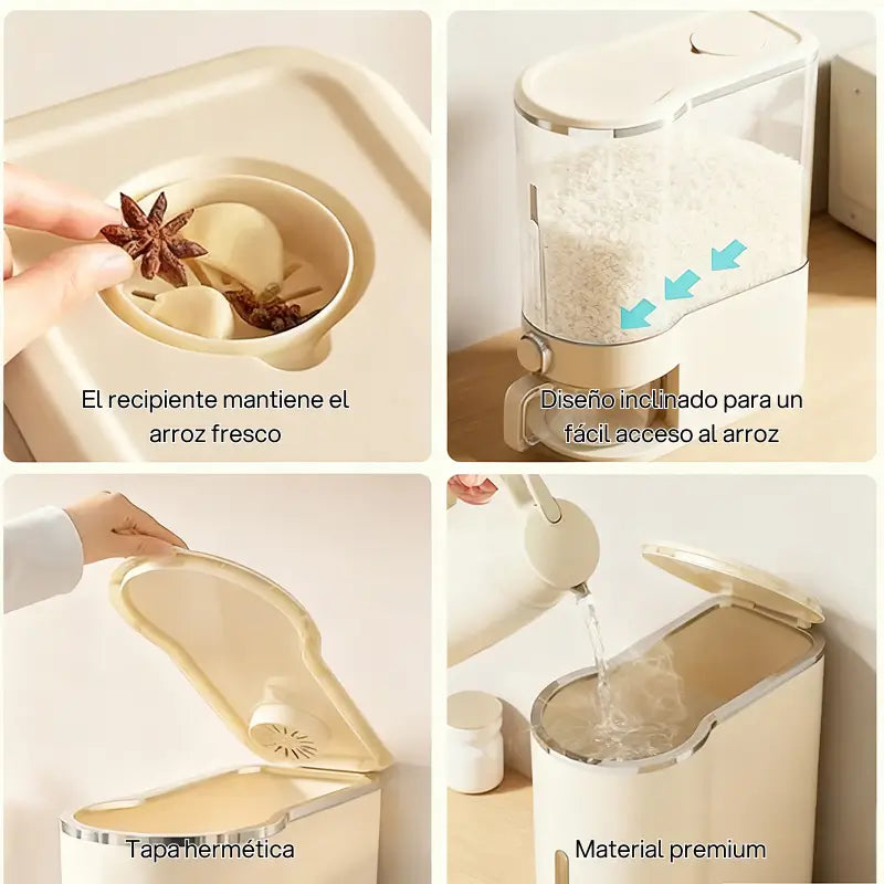 Dispensador de arroz hermético UFORU, protección total contra insectos y humedad, incluye vaso medidor, conserva granos y cereales de forma efectiva y segura