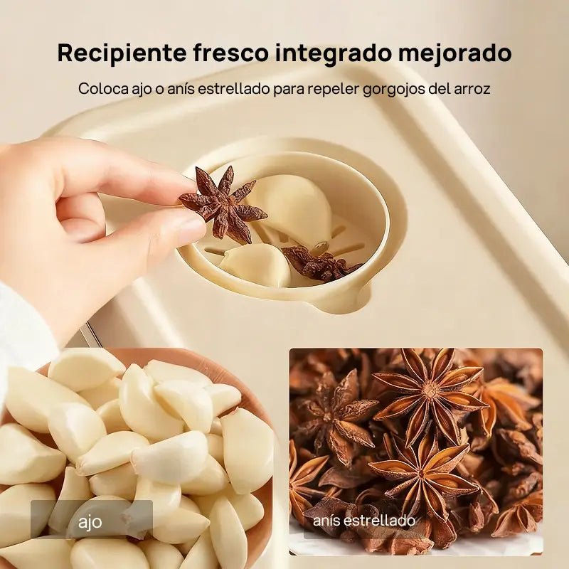 Dispensador de arroz hermético UFORU, protección total contra insectos y humedad, incluye vaso medidor, conserva granos y cereales de forma efectiva y segura