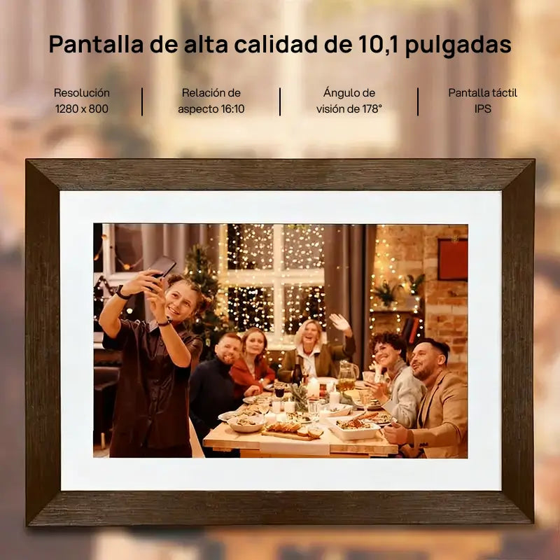 Marco digital Frameo de 25.7cm con moldura de madera, fácil instalación, memoria interna de 32GB para fotos, recuerdos vivos y momentos especiales conservados