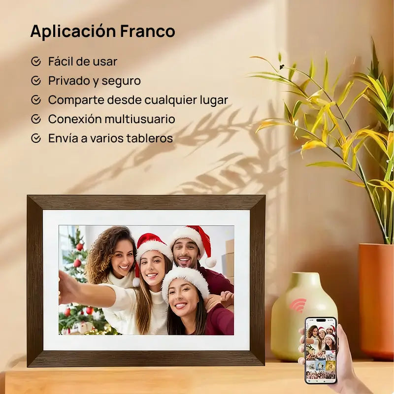 Marco digital Frameo de 25.7cm con moldura de madera, fácil instalación, memoria interna de 32GB para fotos, recuerdos vivos y momentos especiales conservados