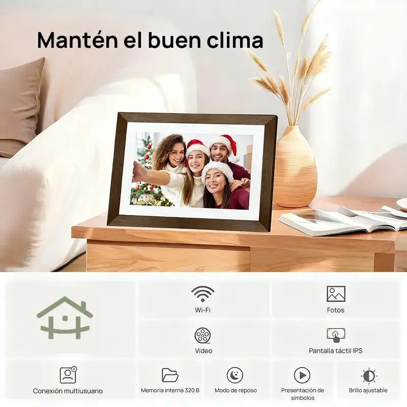 Marco digital Frameo de 25.7cm con moldura de madera, fácil instalación, memoria interna de 32GB para fotos, recuerdos vivos y momentos especiales conservados