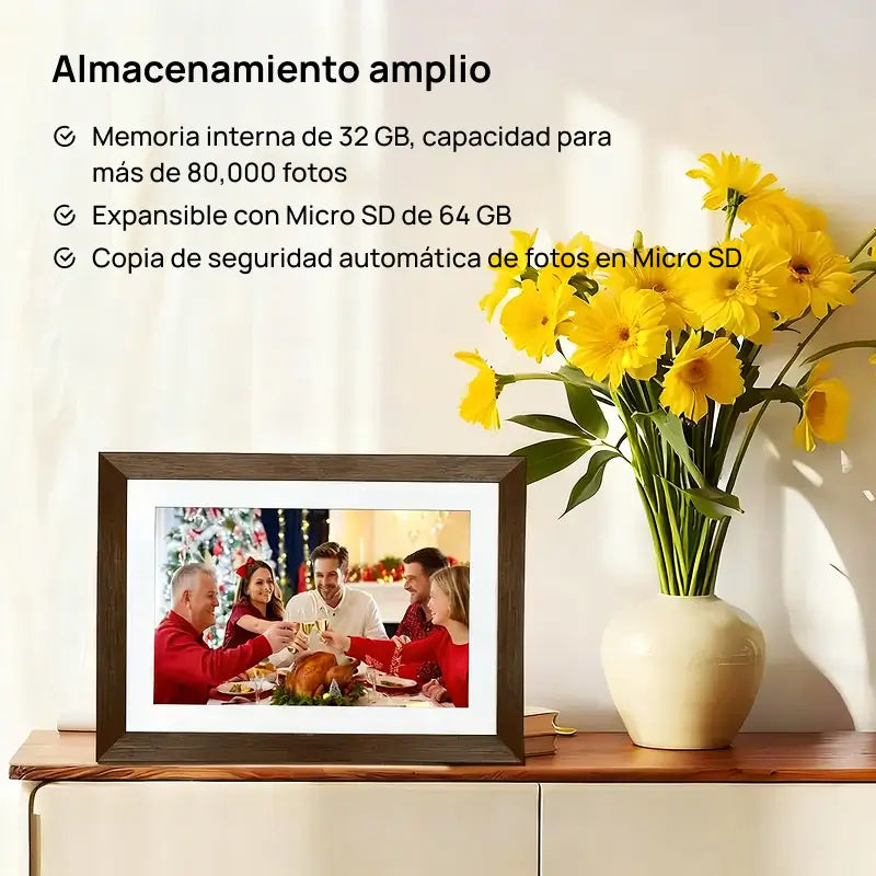 Marco digital Frameo de 25.7cm con moldura de madera, fácil instalación, memoria interna de 32GB para fotos, recuerdos vivos y momentos especiales conservados