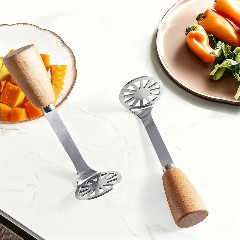 Juego de 2 trituradores de papa y aguacate de acero inoxidable con mango de madera, alto rendimiento, puré perfecto y cómodo para uso diario