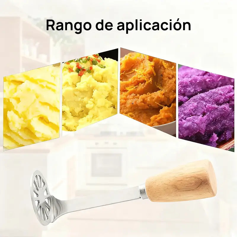 Juego de 2 trituradores de papa y aguacate de acero inoxidable con mango de madera, alto rendimiento, puré perfecto y cómodo para uso diario