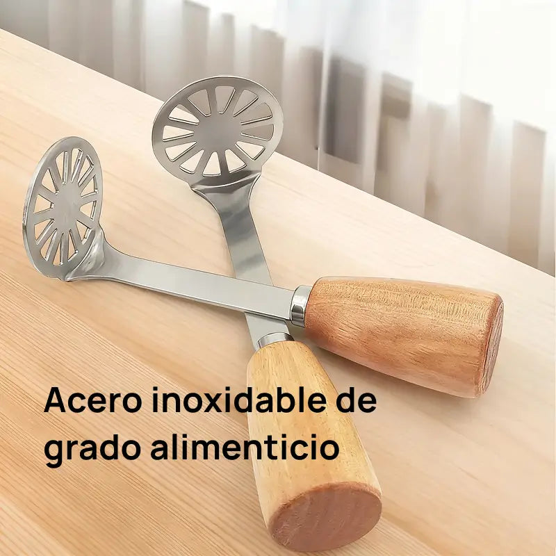 Juego de 2 trituradores de papa y aguacate de acero inoxidable con mango de madera, alto rendimiento, puré perfecto y cómodo para uso diario