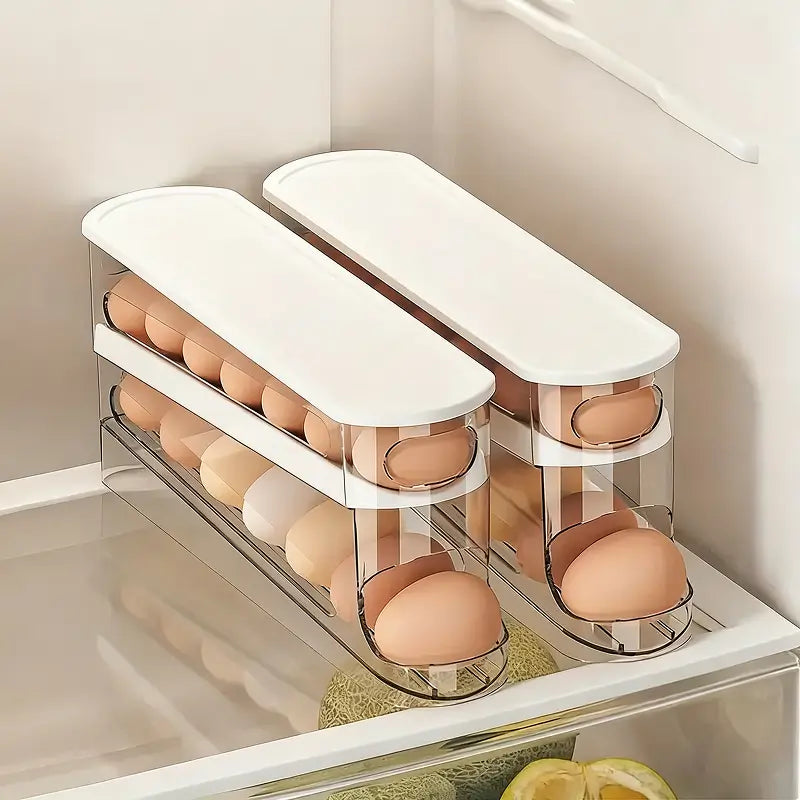 Caja organizadora transparente para huevos con sistema de rodamiento, ahorra espacio en la refrigeradora, durabilidad confiable y acceso práctico para almacenamiento seguro
