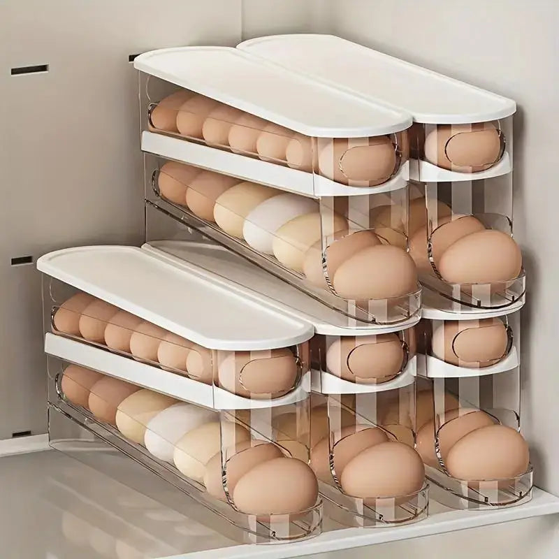 Caja organizadora transparente para huevos con sistema de rodamiento, ahorra espacio en la refrigeradora, durabilidad confiable y acceso práctico para almacenamiento seguro