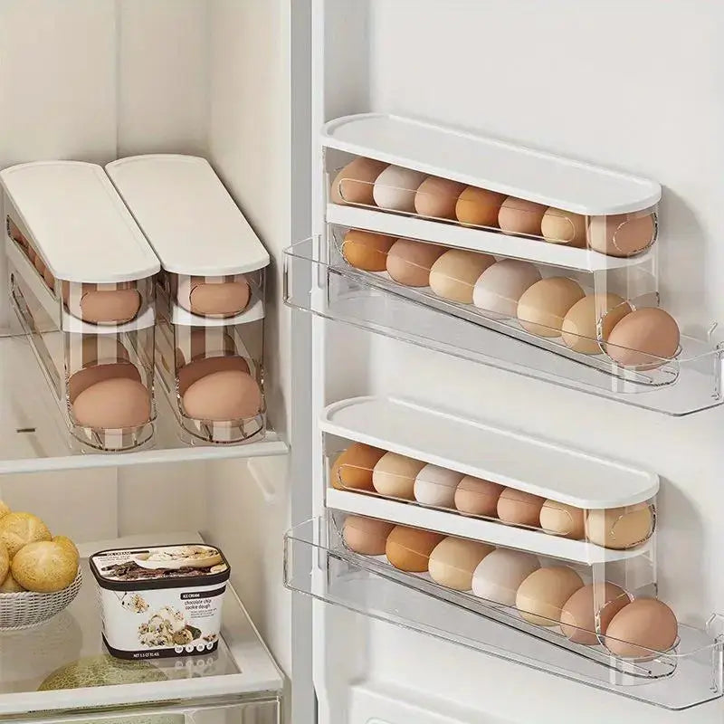 Caja organizadora transparente para huevos con sistema de rodamiento, ahorra espacio en la refrigeradora, durabilidad confiable y acceso práctico para almacenamiento seguro