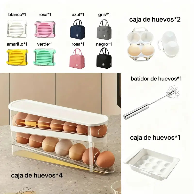 Caja organizadora transparente para huevos con sistema de rodamiento, ahorra espacio en la refrigeradora, durabilidad confiable y acceso práctico para almacenamiento seguro