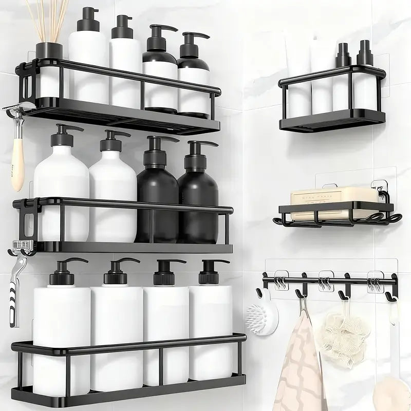 Organizador de ducha de 5 piezas color negro, con estantes y ganchos removibles, instalación fácil sin perforaciones, mantiene baño ordenado y limpio eficientemente
