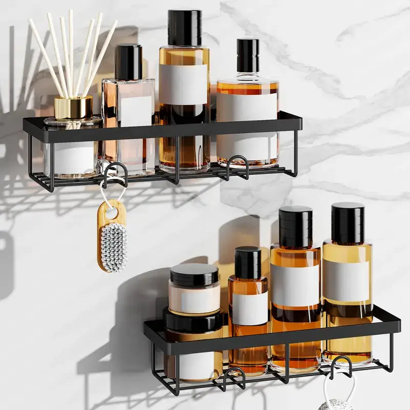 Organizador de ducha de 5 piezas color negro, con estantes y ganchos removibles, instalación fácil sin perforaciones, mantiene baño ordenado y limpio eficientemente