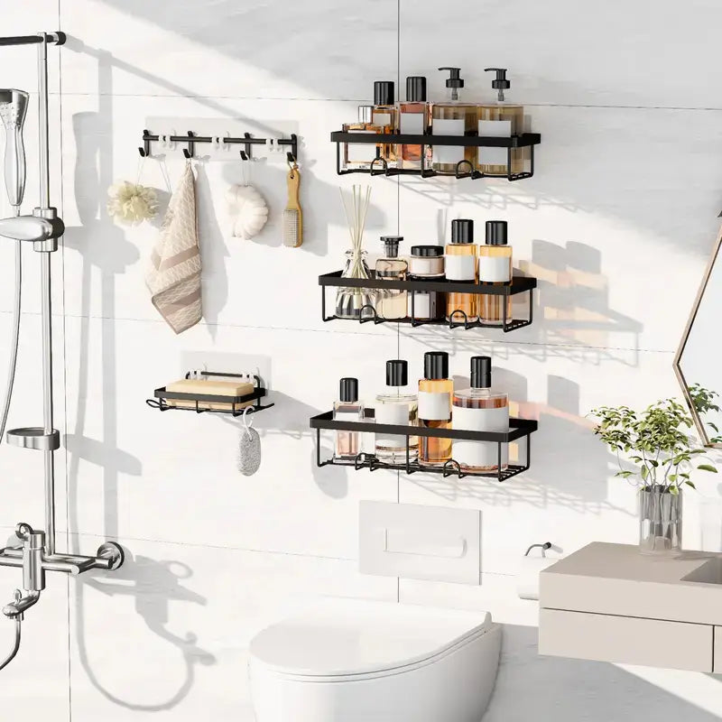 Organizador de ducha de 5 piezas color negro, con estantes y ganchos removibles, instalación fácil sin perforaciones, mantiene baño ordenado y limpio eficientemente