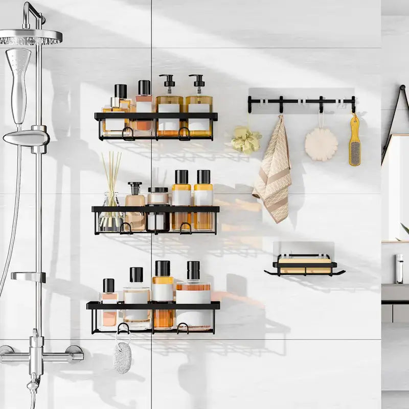 Organizador de ducha de 5 piezas color negro, con estantes y ganchos removibles, instalación fácil sin perforaciones, mantiene baño ordenado y limpio eficientemente
