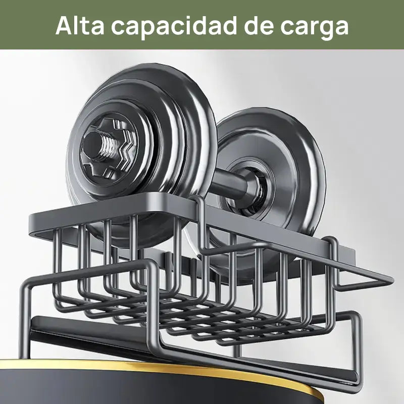 Soporte organizador para fregadero de cocina en acero inoxidable, con divisor para esponjas y compartimento para jabón, mantiene la cocina ordenada y funcional