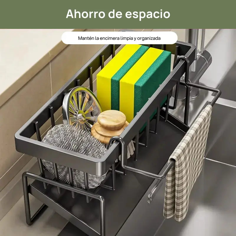 Soporte organizador para fregadero de cocina en acero inoxidable, con divisor para esponjas y compartimento para jabón, mantiene la cocina ordenada y funcional