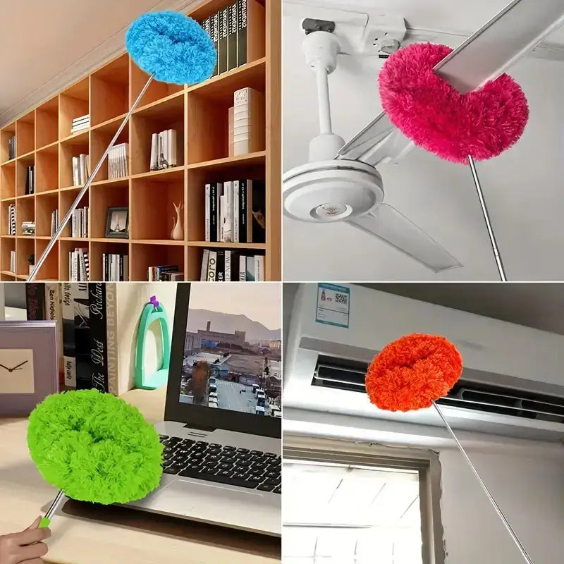 Paño de limpieza extensible con mango largo para ventiladores de techo, retiene polvo, reutilizable, lavable a máquina, garantiza alcance seguro y limpieza eficiente
