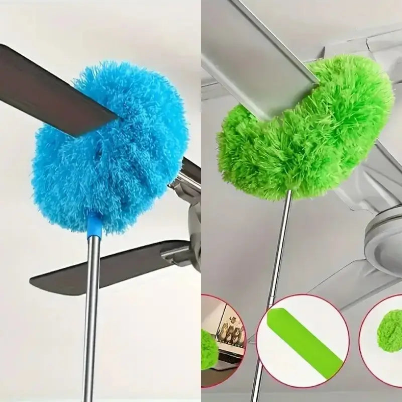 Paño de limpieza extensible con mango largo para ventiladores de techo, retiene polvo, reutilizable, lavable a máquina, garantiza alcance seguro y limpieza eficiente
