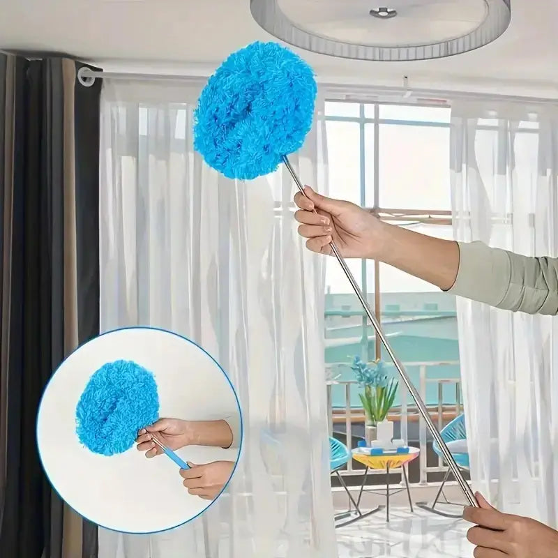 Paño de limpieza extensible con mango largo para ventiladores de techo, retiene polvo, reutilizable, lavable a máquina, garantiza alcance seguro y limpieza eficiente